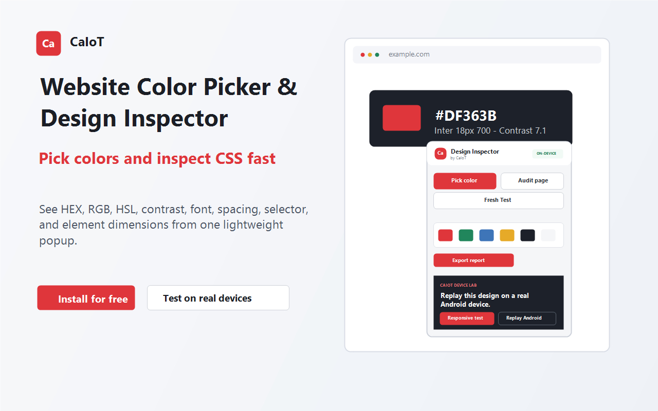 CaIoT website color picker showing sampled colors and inspected CSS